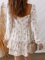 Floral Print Long Sleeve Ruffle Detail Flared Mini Dress