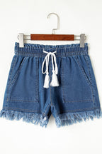 Raw Hem Drawstring High Waist Denim Shorts with Pockets