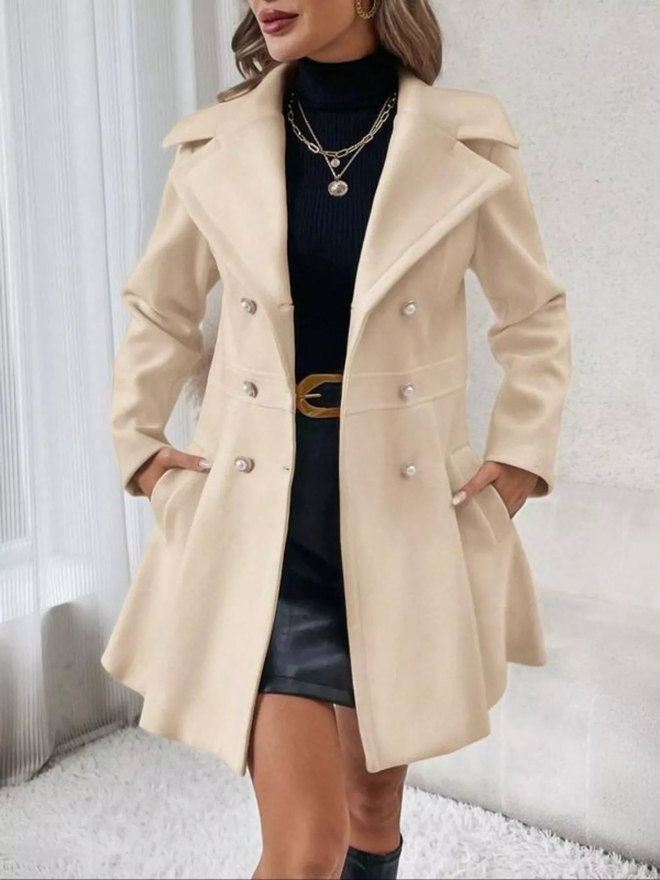 Double-Breasted Wool Blend Coat