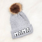 Chenille Mama Patch Faux Fur Pom Beanie Cap