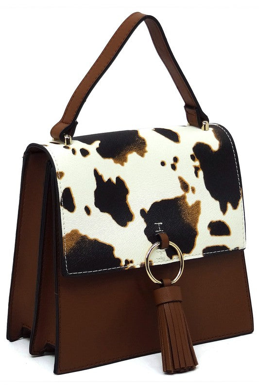 Animal Print Ring Tassel Flap Crossbody Satchel