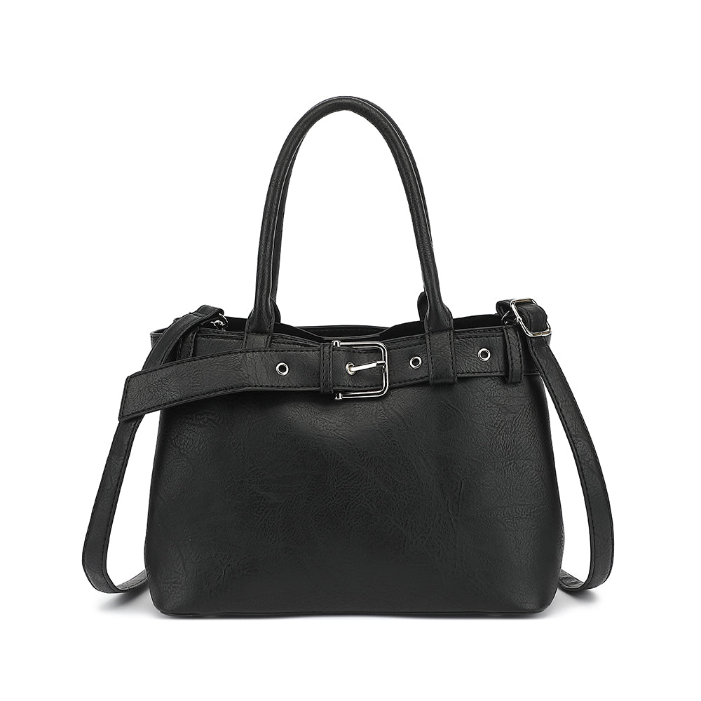 Belted Triple Compartment Satchel with Detachable Crossbody Strap