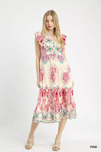 Umgee Boho Boarder Print Ruffle Midi Dress