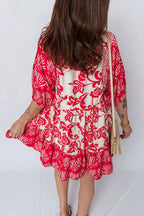Collared V Neck Half Sleeve Loose Flower Mini Dress