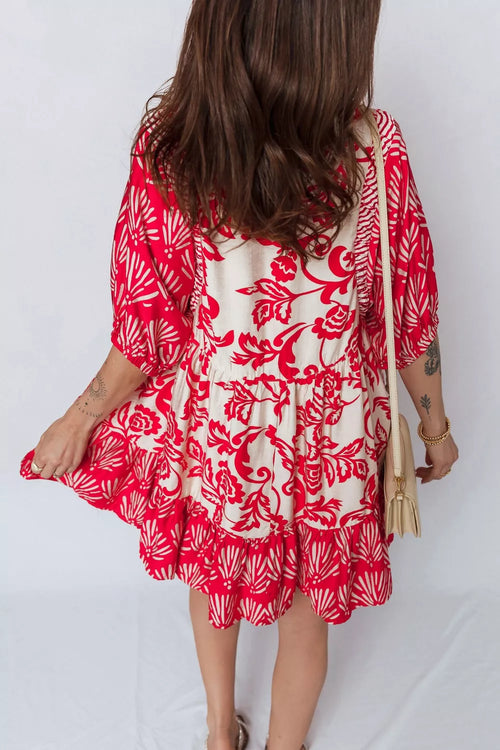 Collared V Neck Half Sleeve Loose Flower Mini Dress