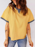 Contrast Trim Raw Hemline Short Sleeve Loose Top