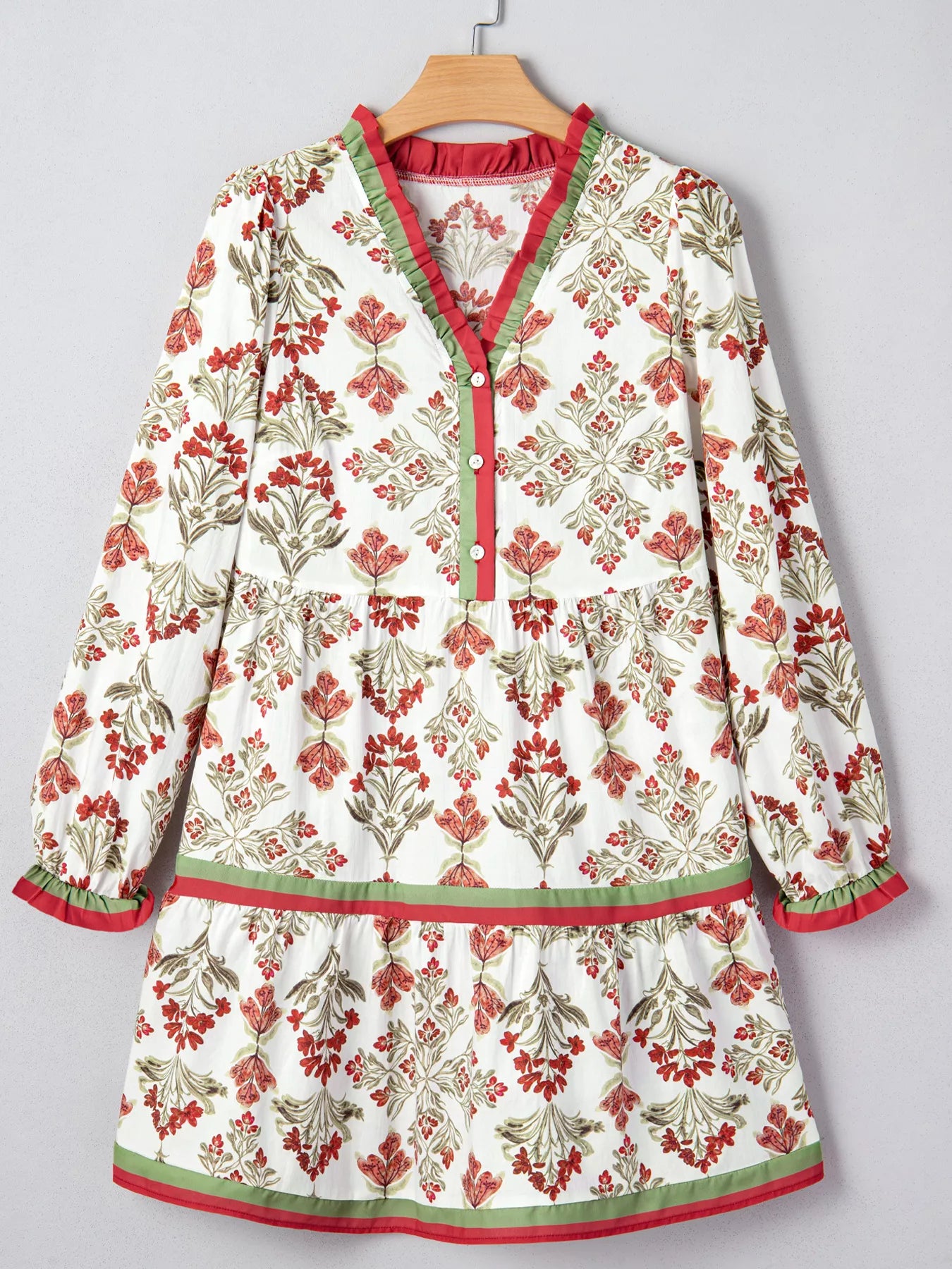 Floral Print Contrast Trim Frilled Neck Long Sleeve Flared Dress