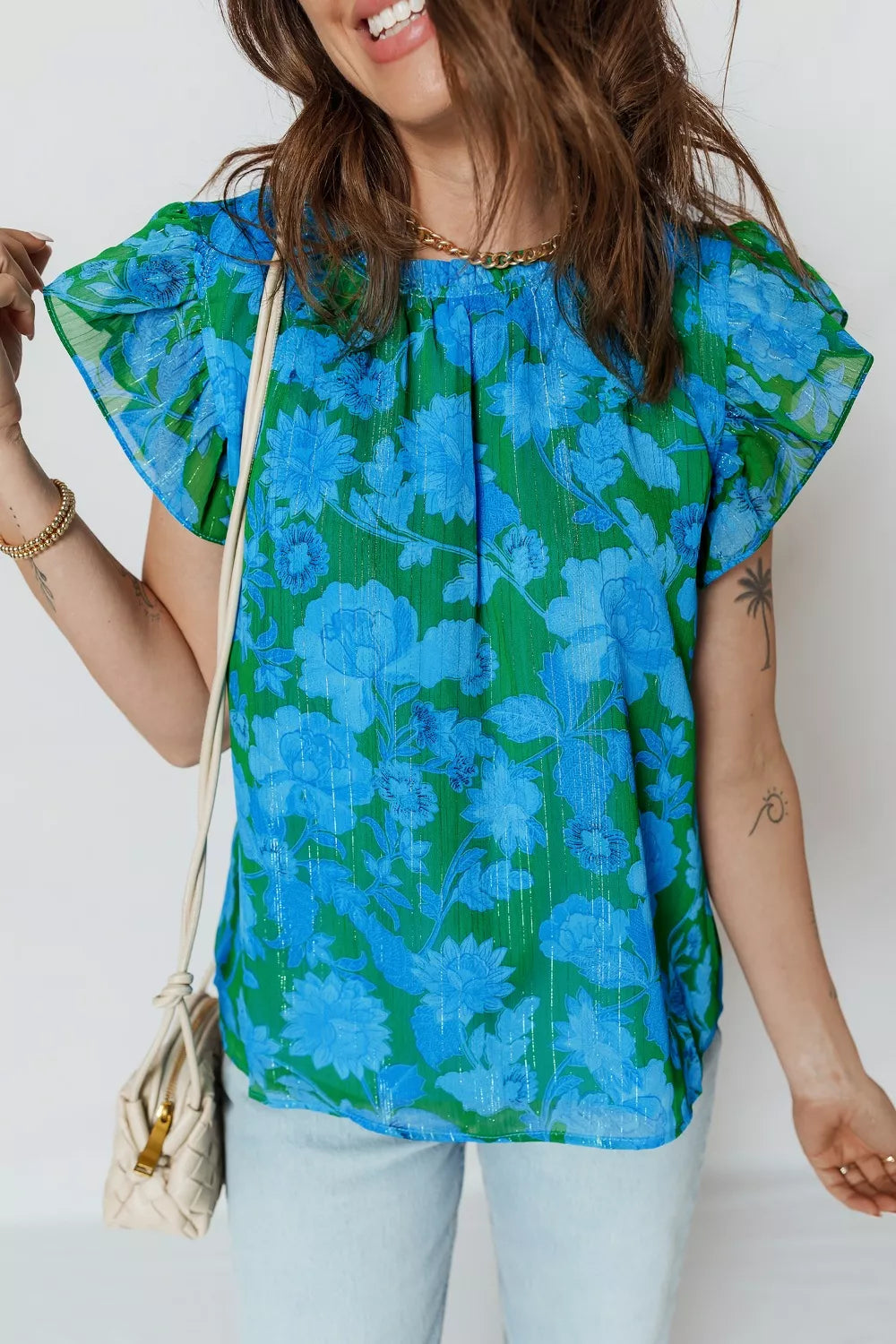 Floral Print Ruffled Sleeve Summer Blouse