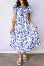 Ruffled Short Sleeve Tiered Floral Midi Dress