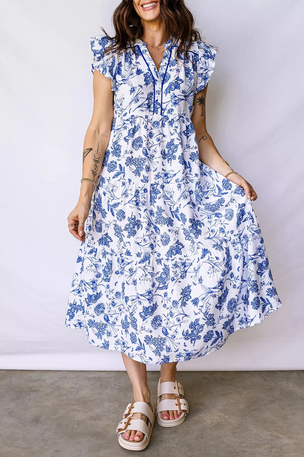 Ruffled Short Sleeve Tiered Floral Midi Dress
