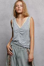 POL Ruched Floral V-Neck Tank with Lace Detail