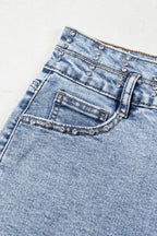 Rhinestone Light Wash Raw Hem High Waist Denim Shorts