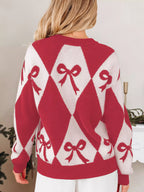 Bow Print 2-Tone Rhombus Knit Loose Sweater