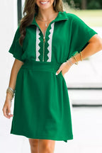 Contrast Patchwork Half Zip Elastic Waist Short Sleeve Mini Dress