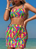 Multicolour Abstract Print Textured Spaghetti Strap High Waist Bikini Set