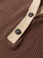 Waffle Contrast Half Buttoned Hooded Pullover Top
