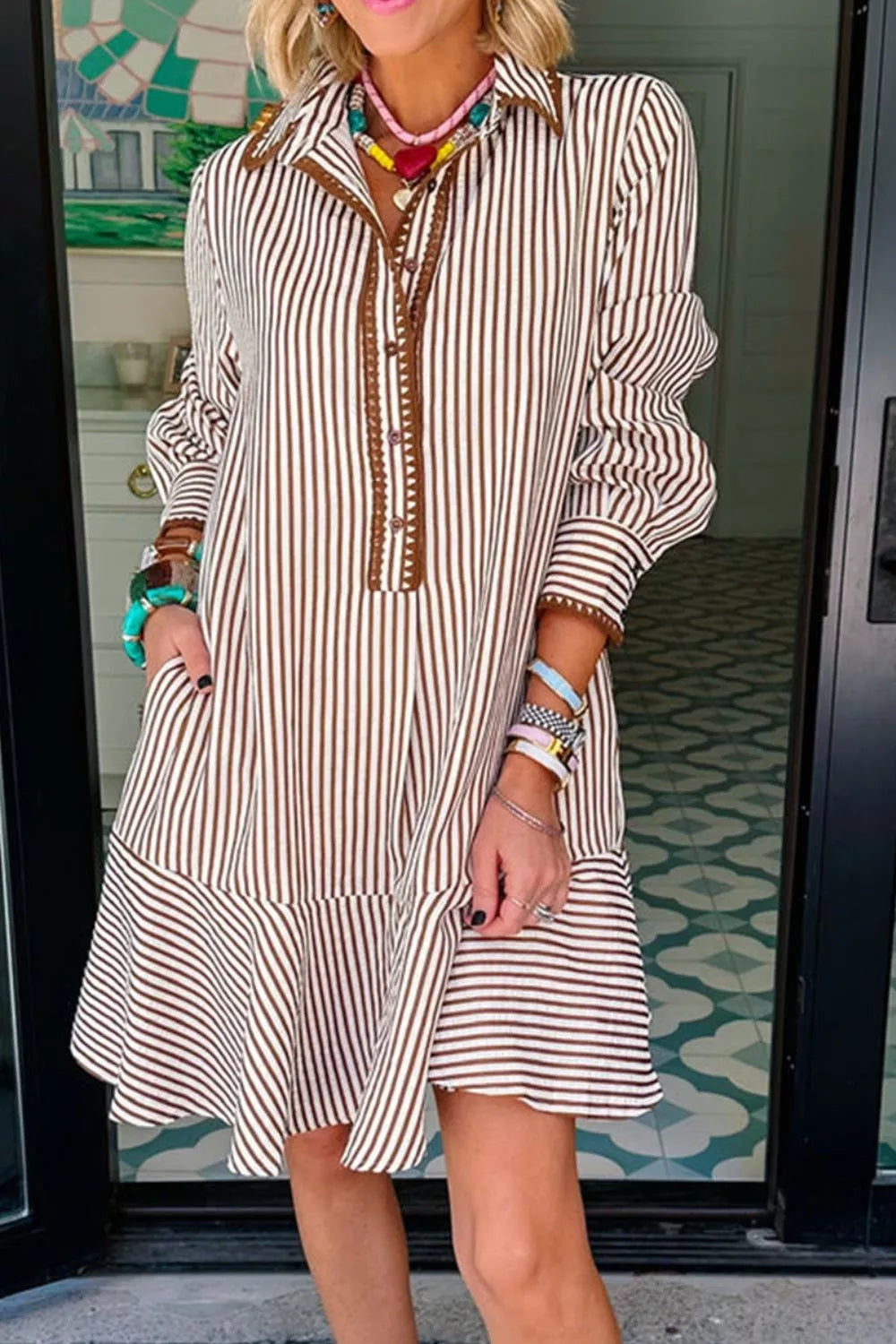 Striped Ruffle Hem Shirt Dress