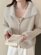 Fluffy Trim Zip-Up Cardigan