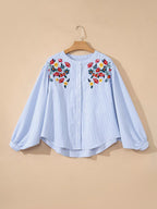 Stripe Floral Embroidered Billowy Sleeve Tunic Baggy Shirt