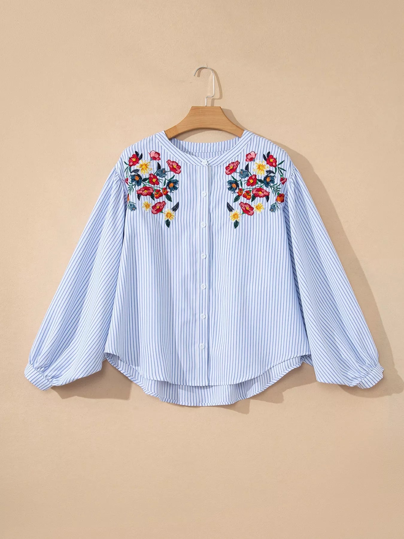Stripe Floral Embroidered Billowy Sleeve Tunic Baggy Shirt