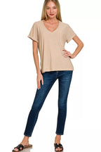 Zenana Slub Rolled Short Sleeve V-Neck Tee