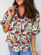 Multicolour Contrasted V Neckline Floral Puff Short Sleeve Blouse