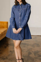Denim Shirt Collar Long Sleeve Flared Mini Dress