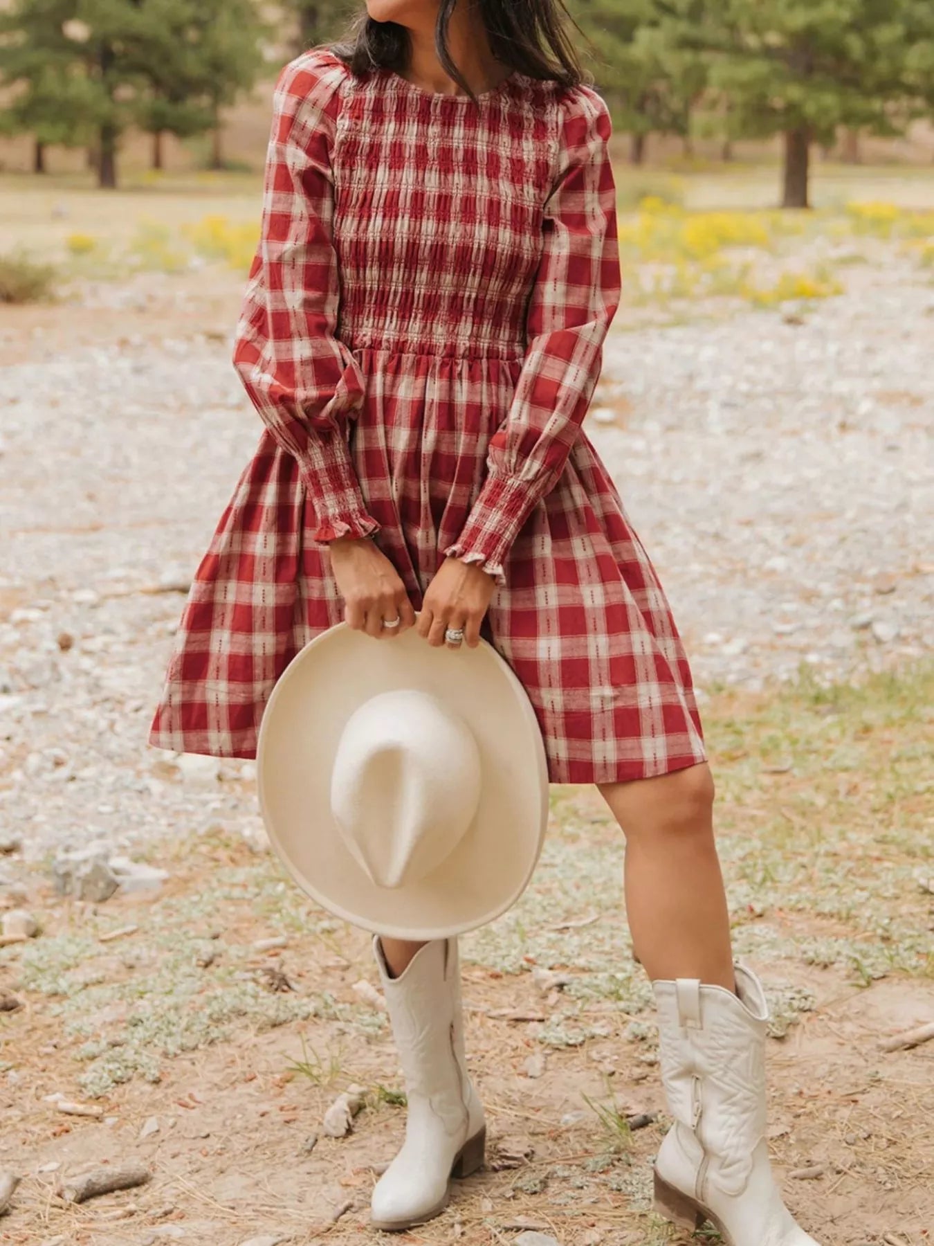 Plaid Smocked Long Sleeve Mini Dress