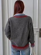 Striped Trim Button-Up Knit Cardigan