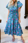 Floral Flutter Sleeve Button Tie Split Neck Belted Dress
