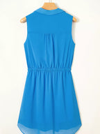 Half Buttons Collared Elastic Waist Sleeveless Shirt Dress