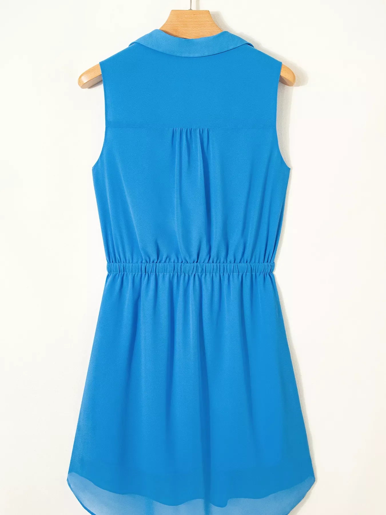 Half Buttons Collared Elastic Waist Sleeveless Shirt Dress