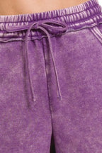 Zenana Acid Wash Fleece Drawstring Shorts With Pockets