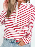 Stripe Contrast Frilled Trim Half Button Long Sleeve Top