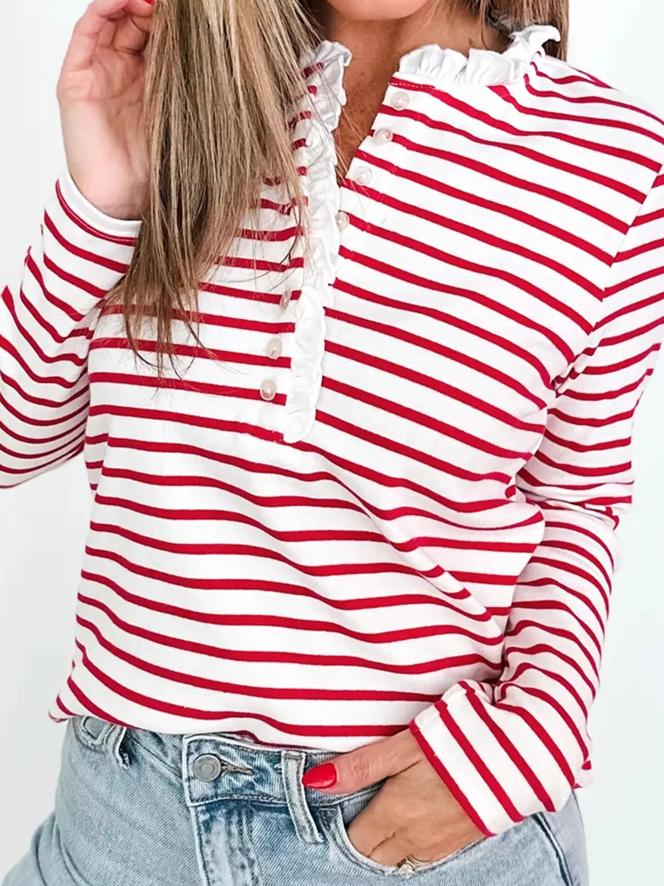 Stripe Contrast Frilled Trim Half Button Long Sleeve Top