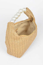 Pearl Handle Faux Straw Fashion Clutch