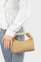Pearl Handle Faux Straw Fashion Clutch