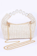 Pearl Handle Faux Straw Fashion Clutch