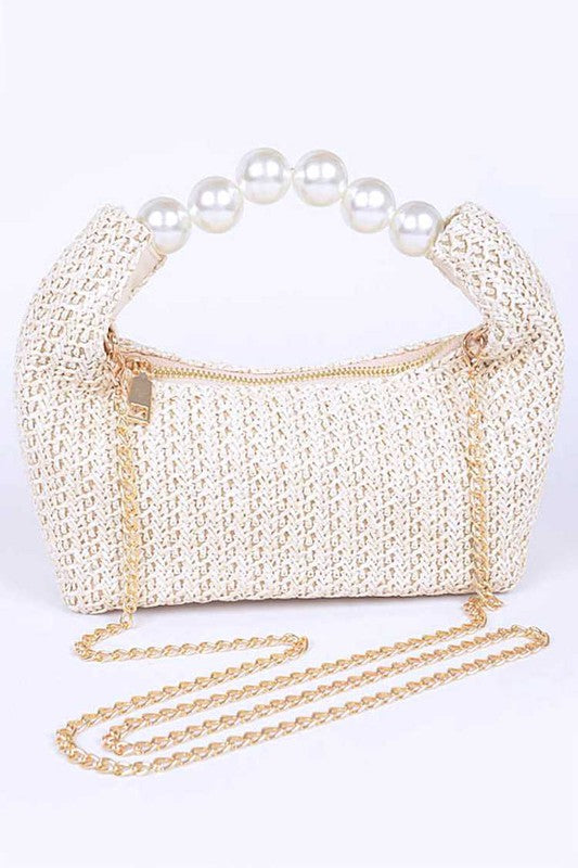 Pearl Handle Faux Straw Fashion Clutch