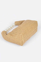 Pearl Handle Faux Straw Fashion Clutch