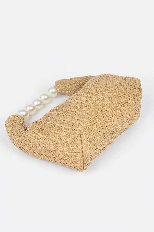 Pearl Handle Faux Straw Fashion Clutch