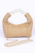 Pearl Handle Faux Straw Fashion Clutch