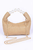Pearl Handle Faux Straw Fashion Clutch