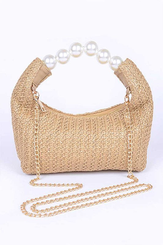 Pearl Handle Faux Straw Fashion Clutch