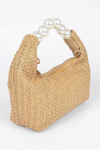 Pearl Handle Faux Straw Fashion Clutch