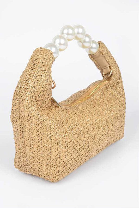Pearl Handle Faux Straw Fashion Clutch