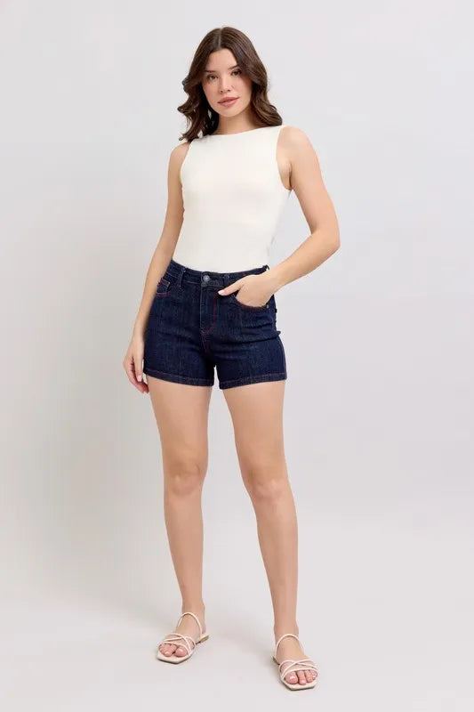 Judy Blue High Waist Heart Shaped Pkts & Red Contrast Thread Denim Shorts