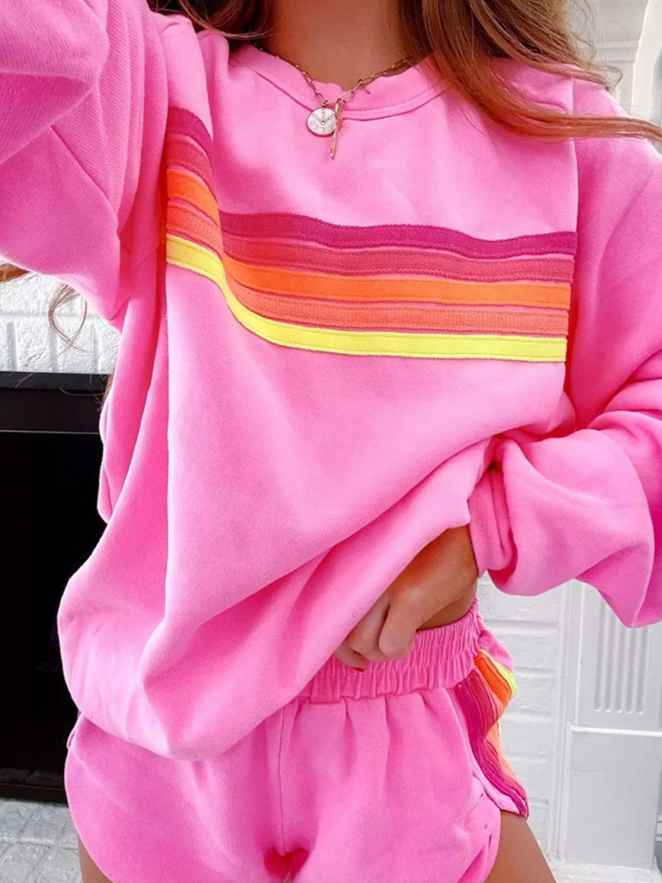 Striped Round Neck Sweatshirt and Shorts Set