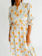 Floral Print Ruffle Trim Smocked Midi Dress