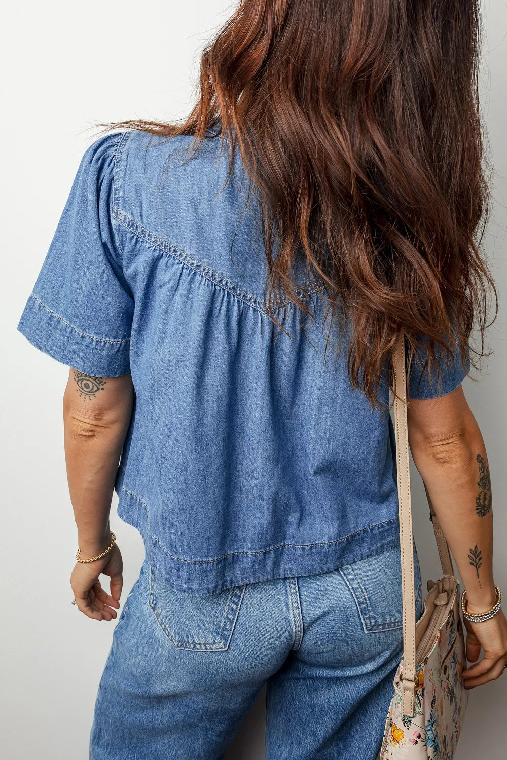Pleated Detail Half Button Short Sleeve Denim Top
